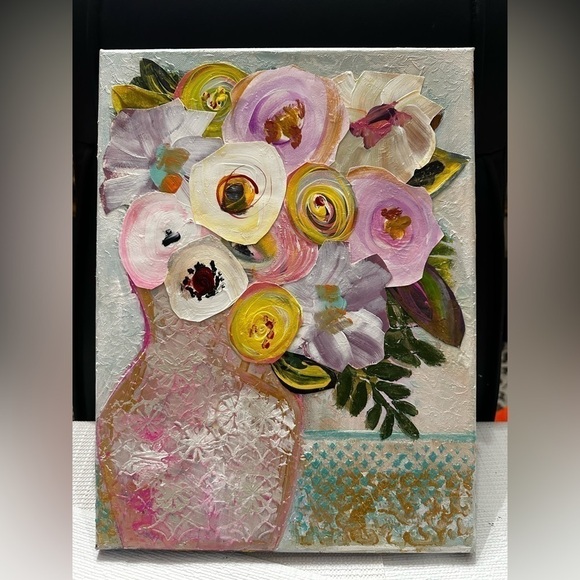 Original Art Painting Mixed Media Acrylic Collage on Canvas 12x16 Pink Floral - Picture 11 of 12